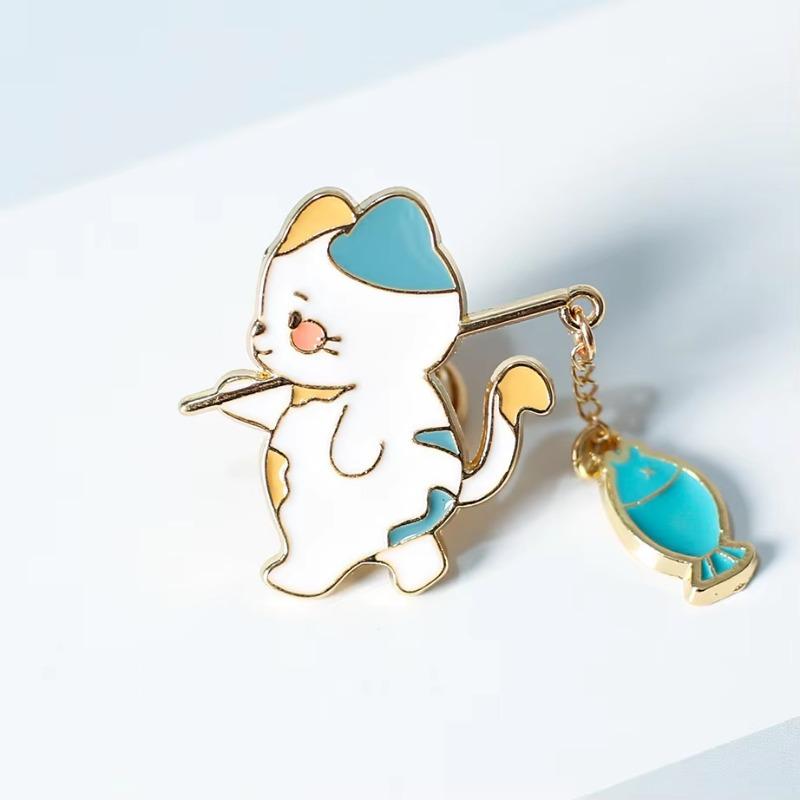 New Fashion Creative Cat Fishing Design Metal Brooch Cartoon Cute Animal Badge Pin Best Friend Gift Anime Pins Backpack Pins