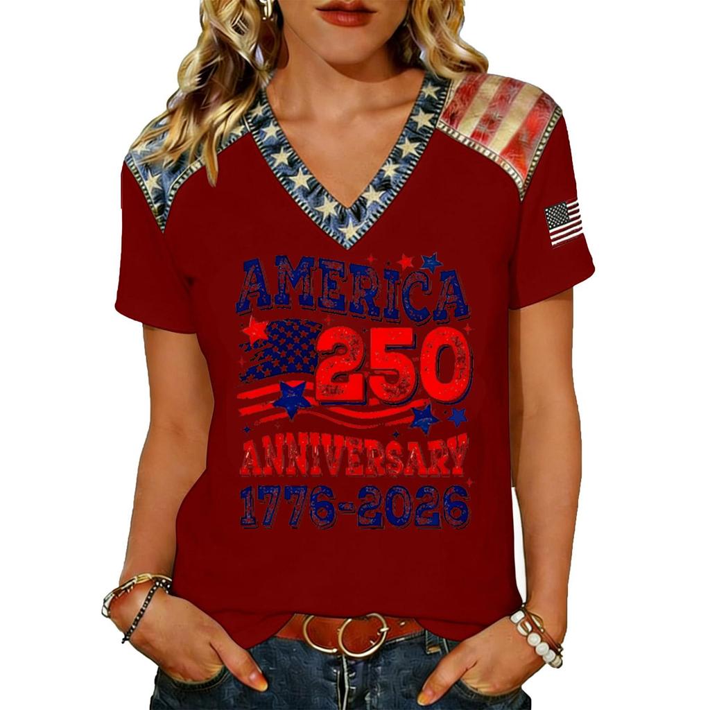 Women's Casual V Neck Short Sleeve Pullover T Shirt Top American Flag Print 250th Anniversary Graphic Tee Lightweight Comfortable