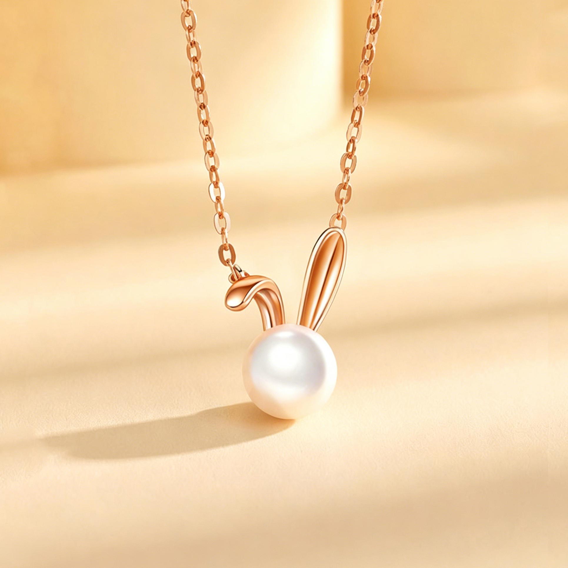 S925 Pure Silver Pearl Rabbit Shaped Necklace for Women, Ins Style Light Luxury Niche Design Pendant 18inches розового золота