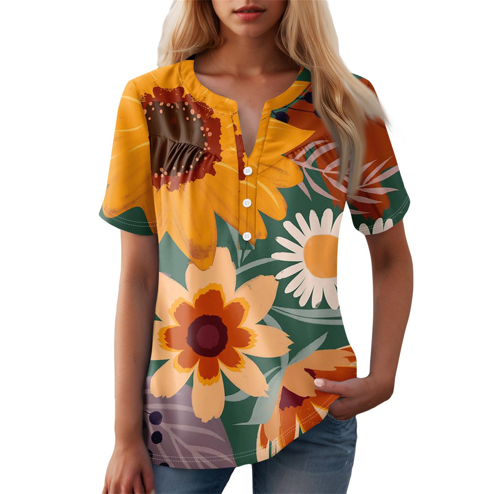 

Женская повседневная футболка с v-образным вырезом и коротким рукавом с цветочным принтом и декоративными пуговицами, топ M оранжевый