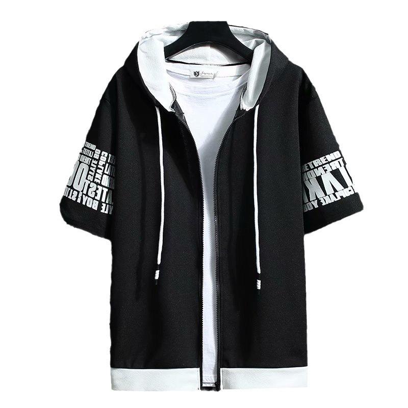Męskie Bluzy Letnia Odzież Męska T-shirt Bluza z Kapturem na Zamek Kreskówka Casualowy T-shirt z Nadrukiem Top z Kapturem Krótki Rękaw