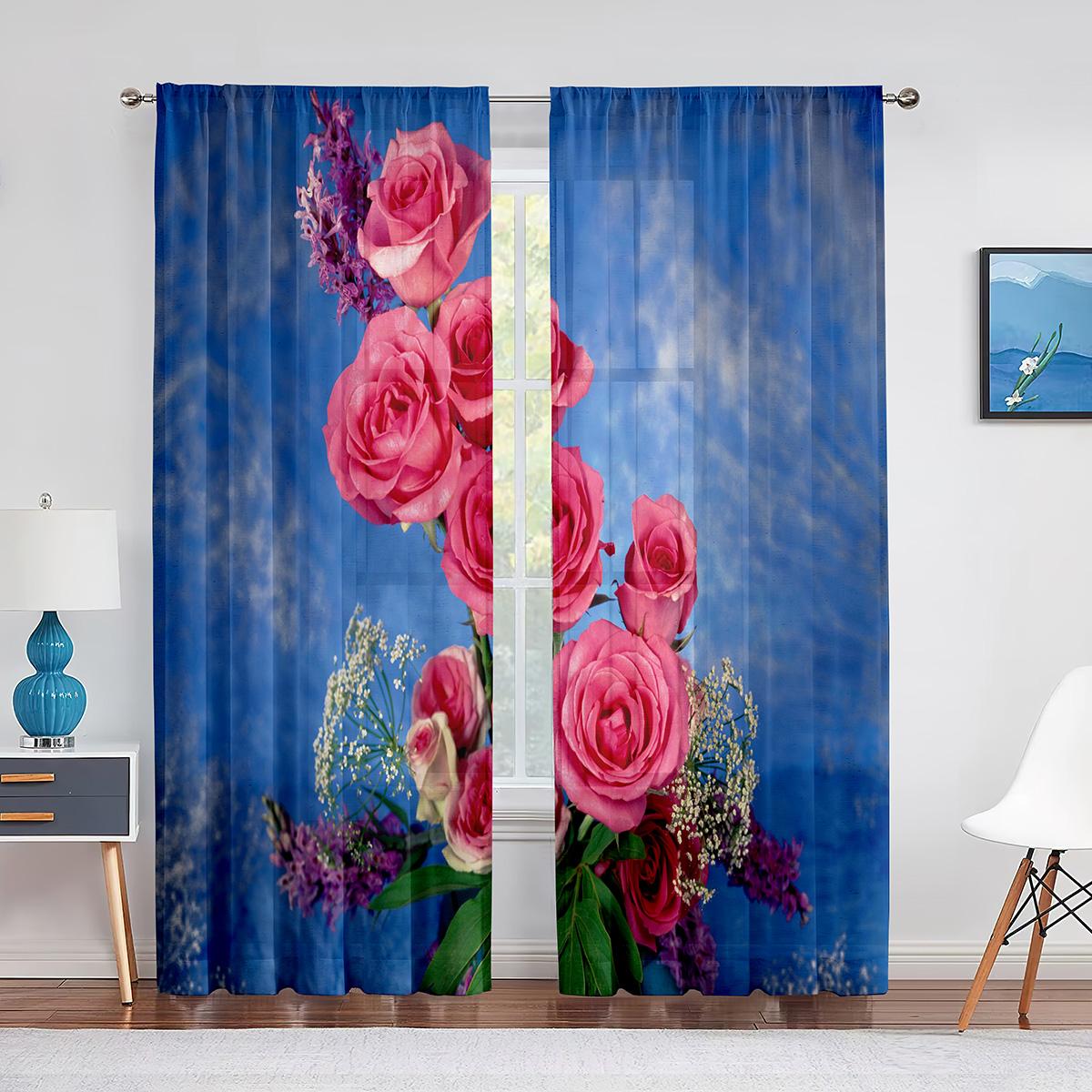 Красная Роза День Святого Валентина Цветочный Романтический Тюль Прозрачные Оконные Шторы — фото 5