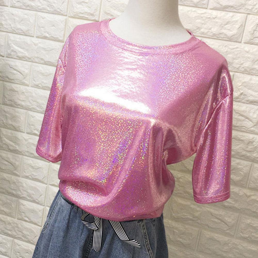 Ladies T-shirt Reflective Summer Short Sleeve Personality Tops Women Loose Shiny T Shirt EMA
