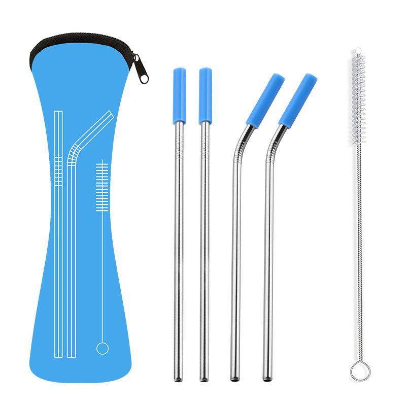 

4 PCS/Lot Colorful Reusable Drinking Straw 304 Stainless Steel Metal Sturdy Bent Straight Drinks Straw with Cleaner Brush peacock синього кольору