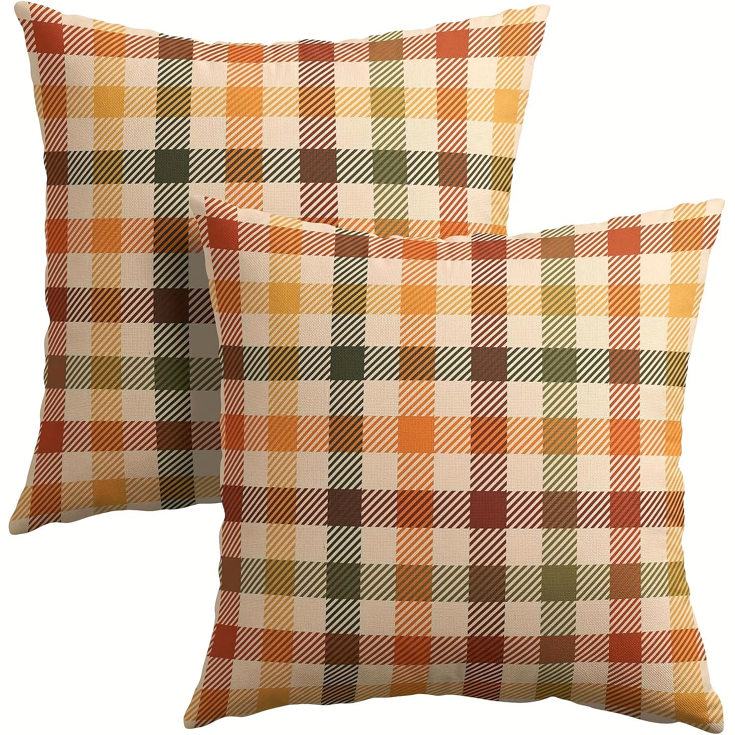 Thanksgiving Plaids Pillow Covers 2Pcs Linen Fall Plaid Pillow Covers | Brown Orange Buffalo Check Thanksgiving Decor Peach skin 18*18(CM)-2Pcs