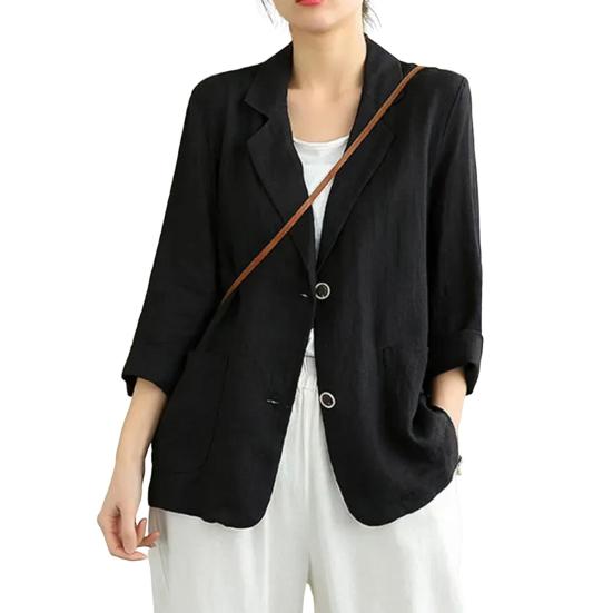 Bomull Linfrakk for Kvinner Vintage Langermet Blazerjakke Casual Revers 2 Knapper Tynn Frakk med Lommer