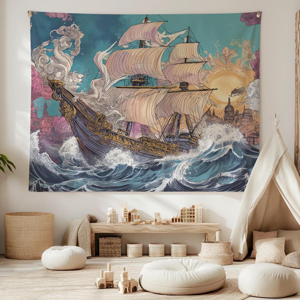 Retro Sailing Ship Tapestry European and American Style Sea Scenery Background Cloth Art Room Decoration