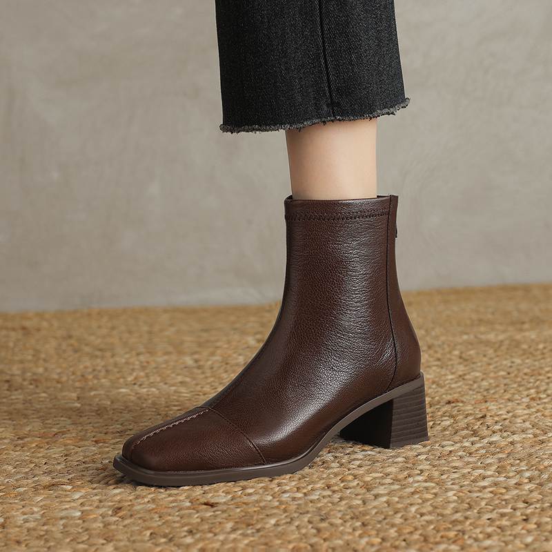 Krazing Pot Sheepskin Autumn Winter Shoes Thick Heels Size 42 Square Toe Zipper Vintage Ankle Boots