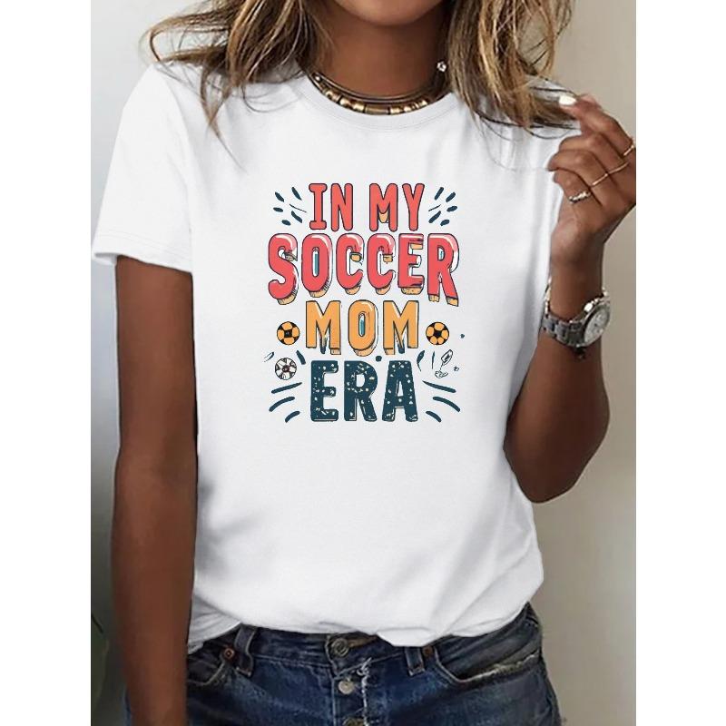 Soccer Mom Letter Print T-shirt, Casual Crew Neck Short Sleeve Top For Spring & Summer, Women s Clothing S белый