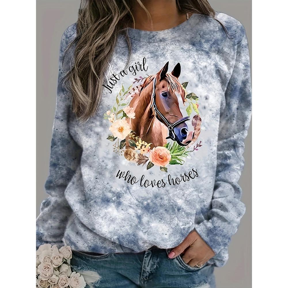 New Fall/Winter Women's Casual T-Shirt 3D Horse Print Women's Long-Sleeved Warm T-Shirt Urban Street Women's Fashion Top