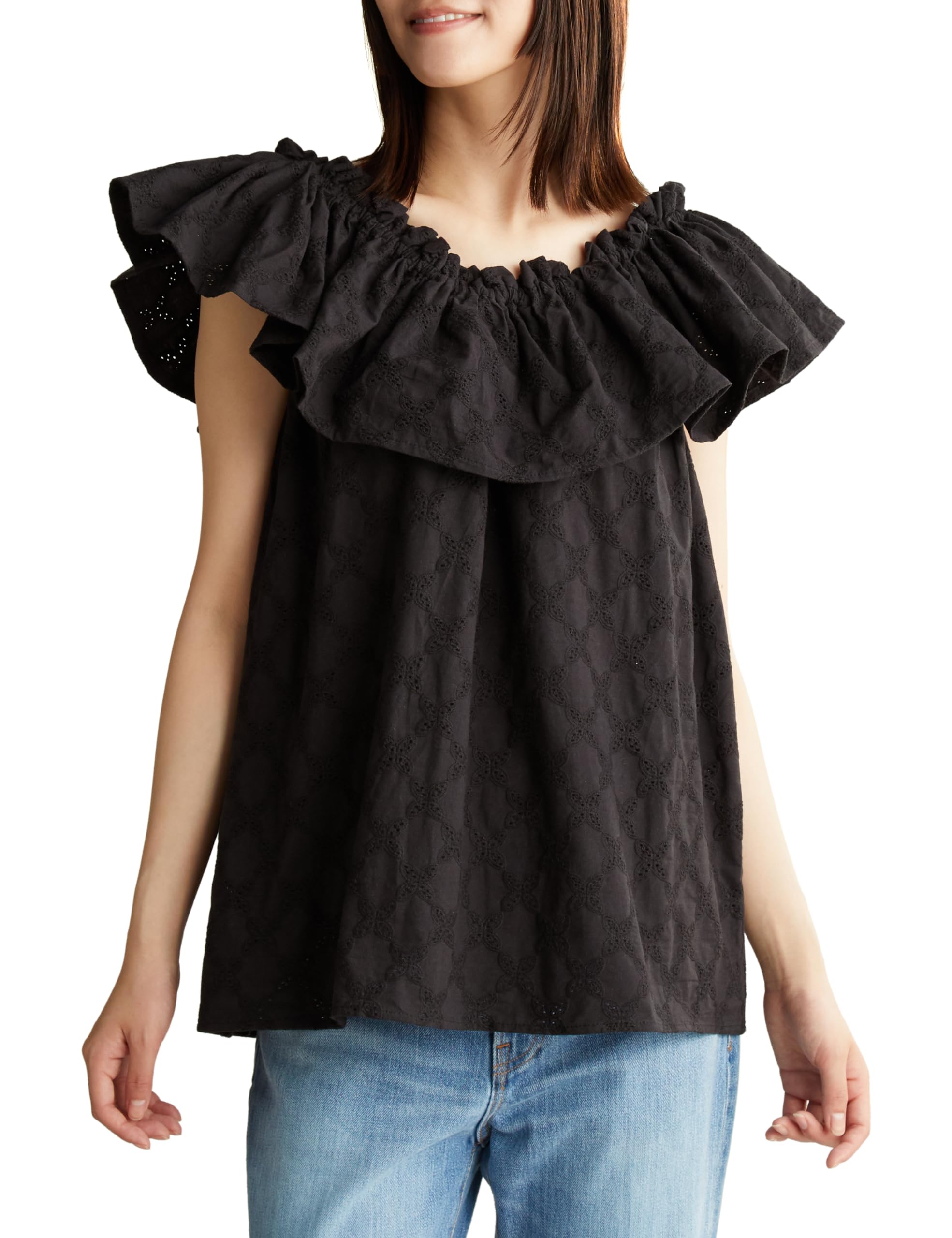 

Modern French Lace Ruffle Top M BLACK [Mauna Loa] Women s чёрный