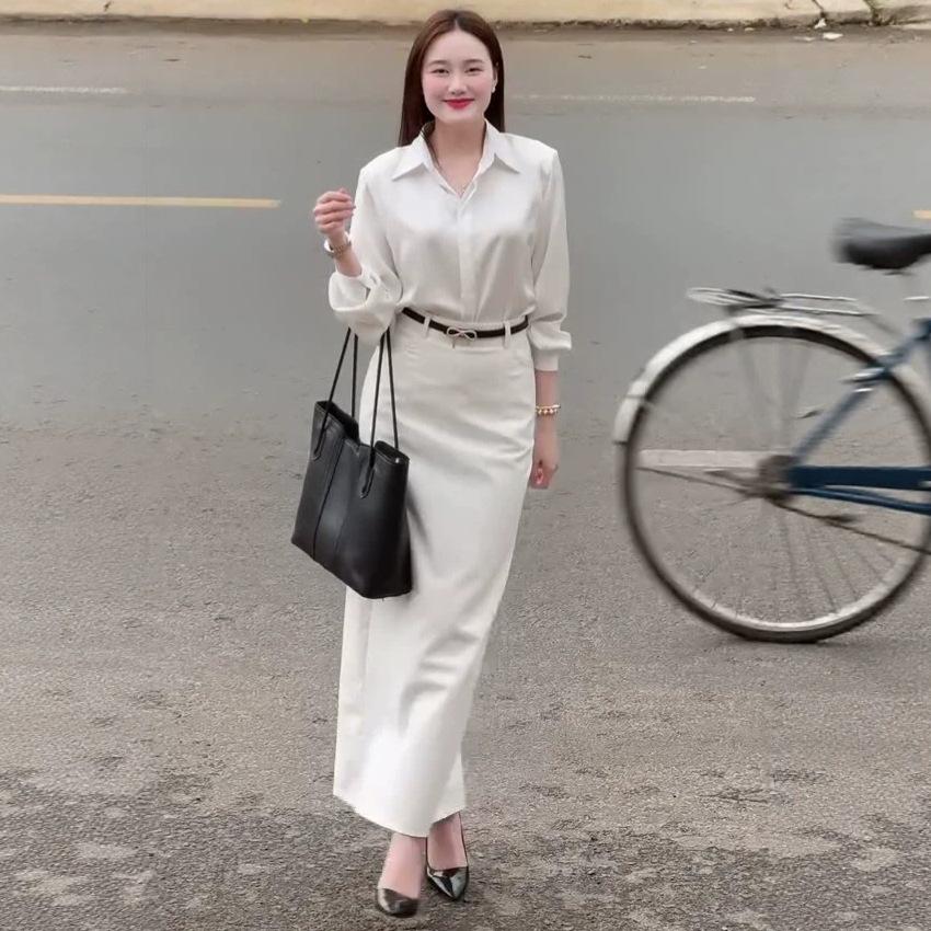 Spring and Autumn New European and American Women's Clothing Cross-border Shirt Long Sleeve Cardigan Top Belt Skirt Two-piece Set