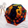 Halloween Witch Cat Stained Cute Window Panel Umbrella, Cute Umbrella with Cute Design, Portable 3-Fold Compact Umbrella for Men & Women, Valentine's