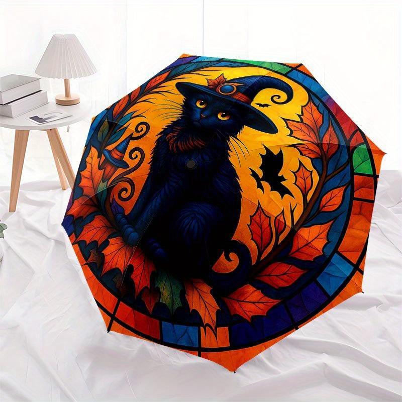 Halloween Witch Cat Stained Cute Window Panel Umbrella, Cute Umbrella with Cute Design, Portable 3-Fold Compact Umbrella for Men & Women, Valentine's