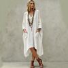 New Women's Casual V-neck Linen Cotton Midi Dress, Lazy Style Irregular Hem 3/4 Sleeve Dress for Women, European American Crossbody Fashion