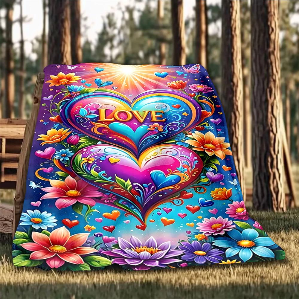 1pc Heart Love Flowers Butterfly Outdoor Flannel Blanket Soft All Season Polyester Throw , Perfect for Picnics & Travel , Picnic Accessory