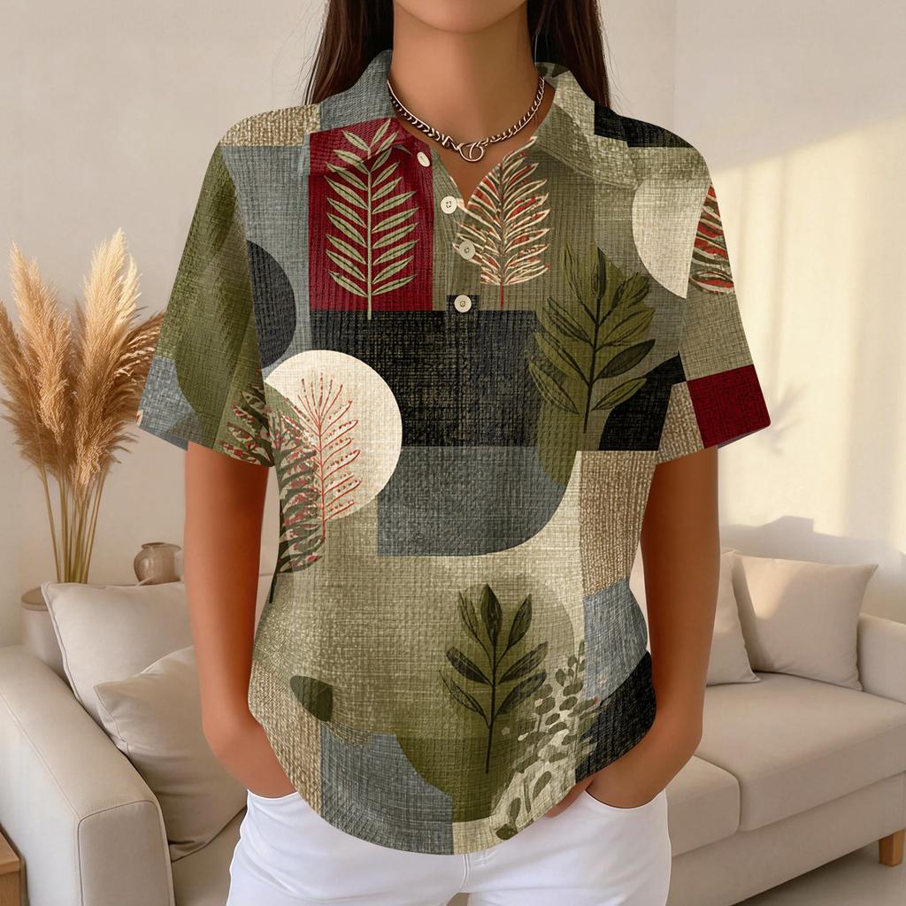 Women’s Short Sleeve Polo Collar Knit Top with Vintage Floral Print Casual Loose Fit Button Front Shirt