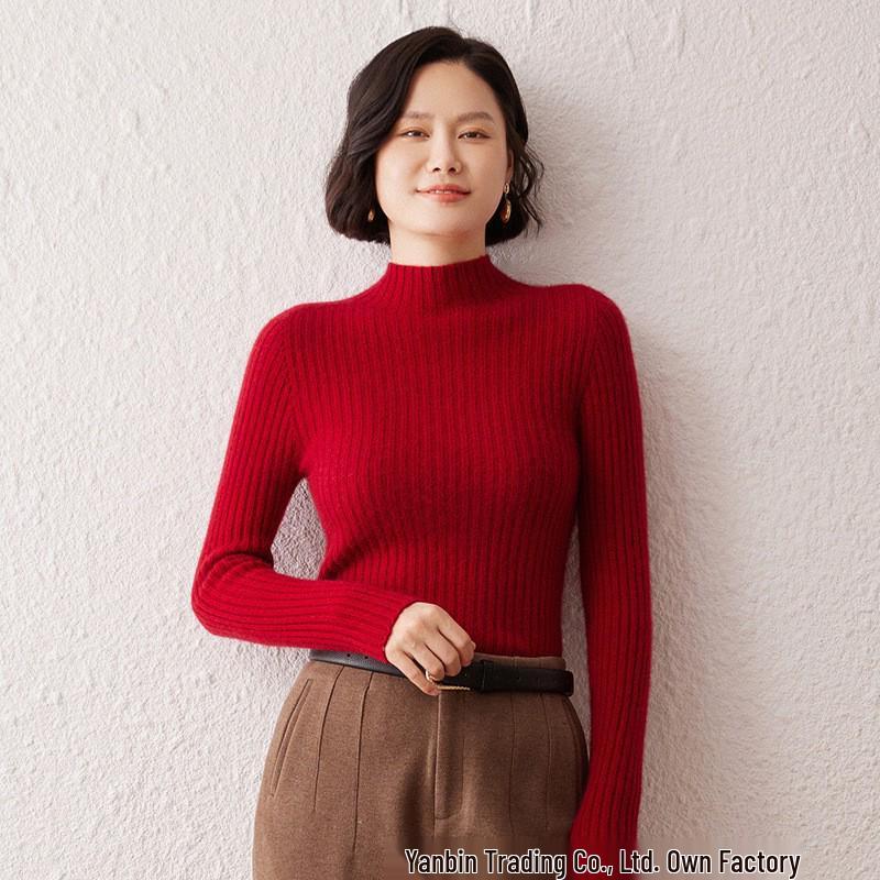 Women's Striped Cashmere Sweater - Autumn/Winter, Half-High Neck, Slim-Fit, Knitted Base Layer