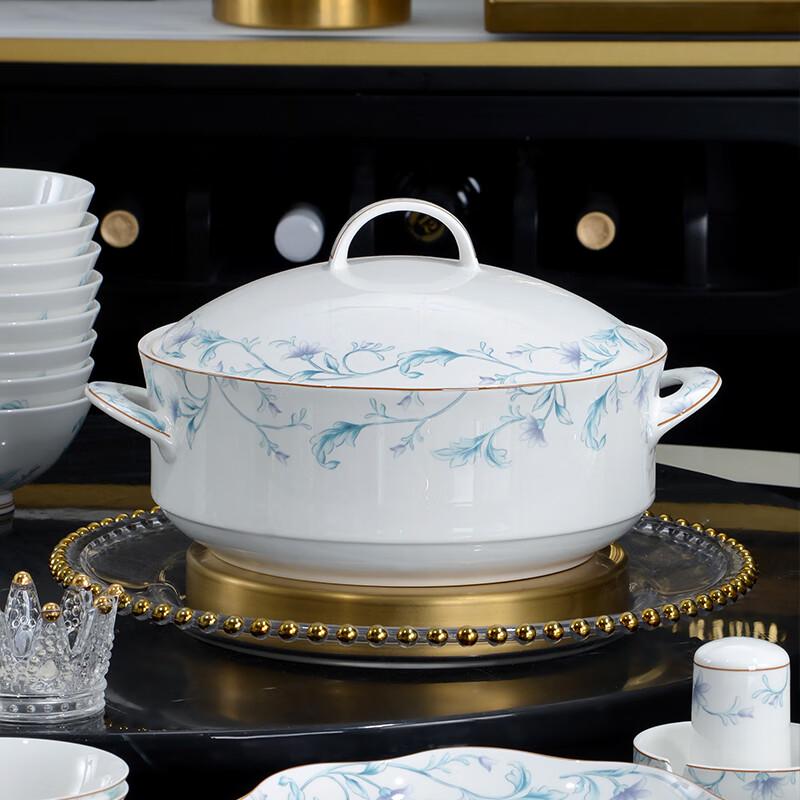 TangHui 50-Piece Chinese Light Luxury Bone China Dinnerware Set - Emerald Vine