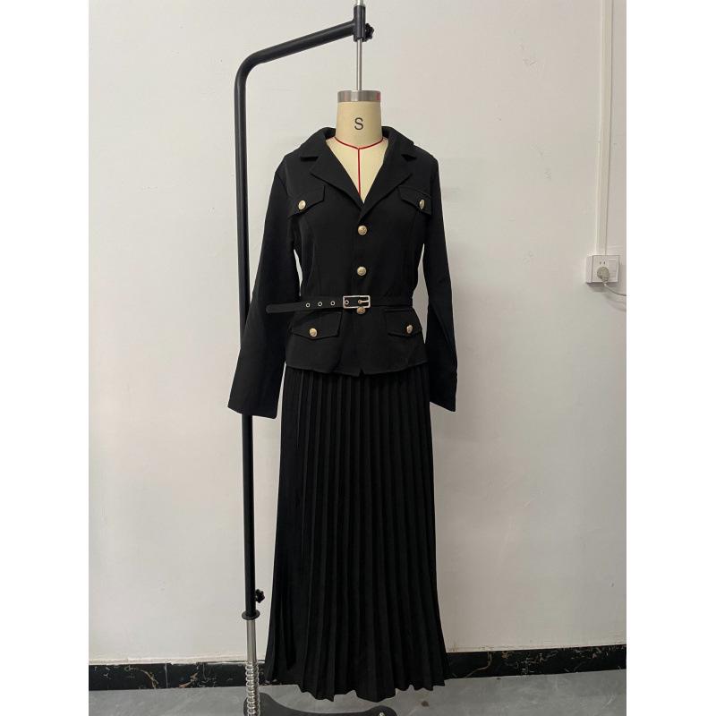 2025 Spring European & American Belted Button Coat with Pleated Skirt Set