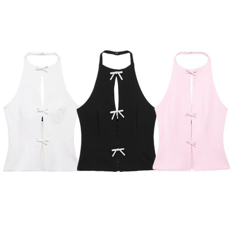 Fashion Style 2024 Summer New Arrival Women's Clothing Stylish Easiest for Match Bowknot Decoration Hanging Collar Tops 4772009