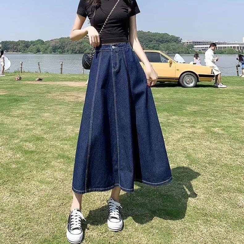 Women's Long Denim A-Line Pleated Skirt Summer Mid-Length, High Waist, Casual and Versatile