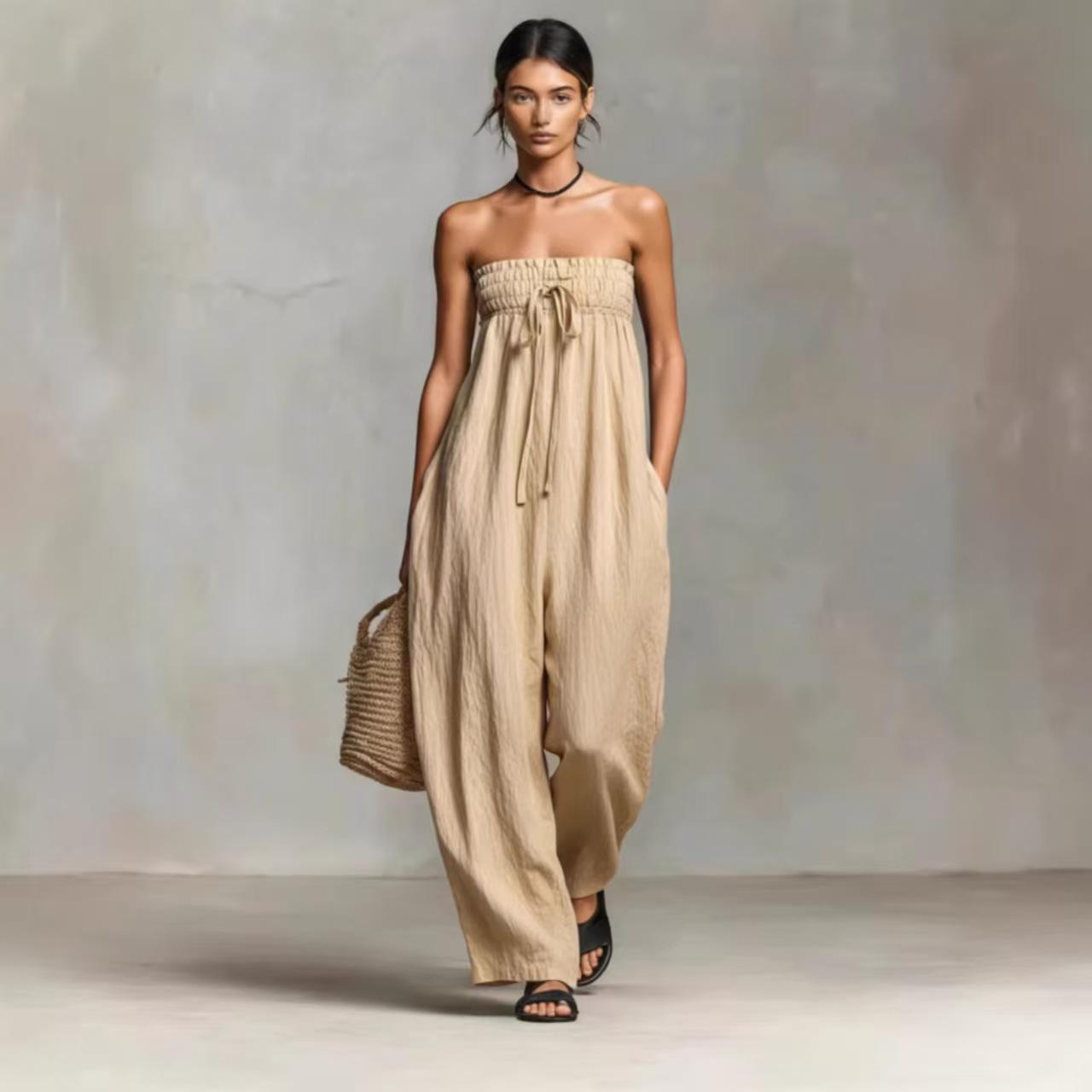 

2026 Spring/Summer Plus Size Cotton Blend Strapless Ruched Jumpsuit for Women Large абрикосовий