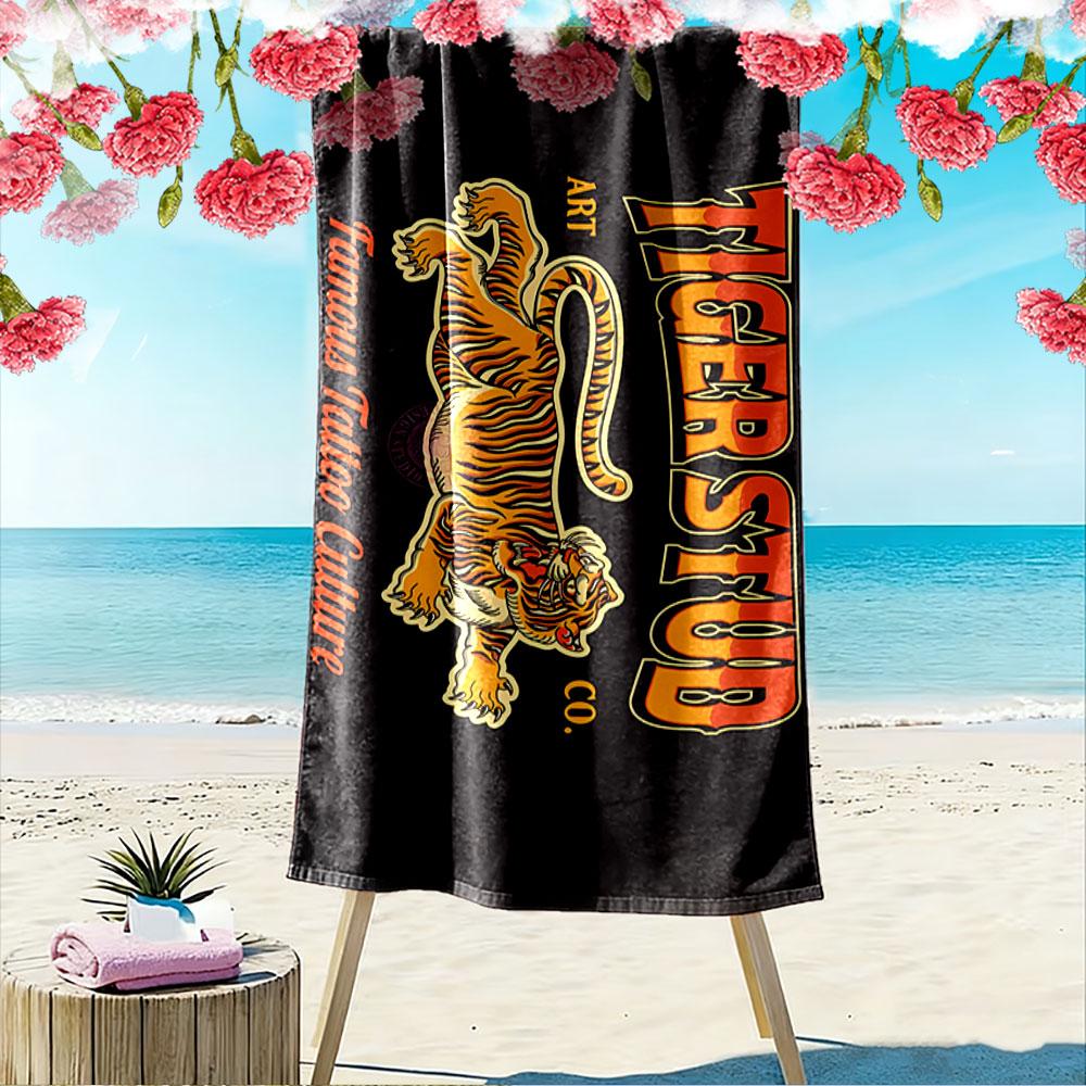 Giant Beach Towel with Tiger Head Tattoo Art Print, Quick Dry Microfiber, Soft Absorbent, for Beach Pool Cool Style Gift
