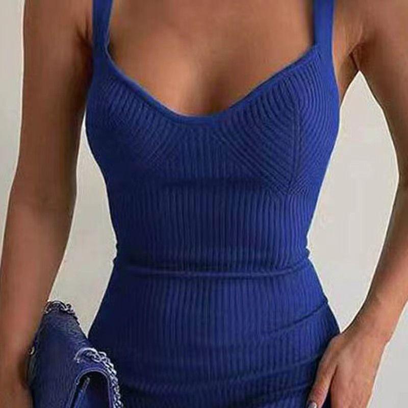 

Western Style Fashion Slit Sexy Sling Sheath Knitted dress Suspender Knitted Dress Blue L