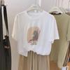 Women's Casual Abstract Figure Print T-Shirt Loose Fit Rolled Short Sleeve Crew Neck Summer Top