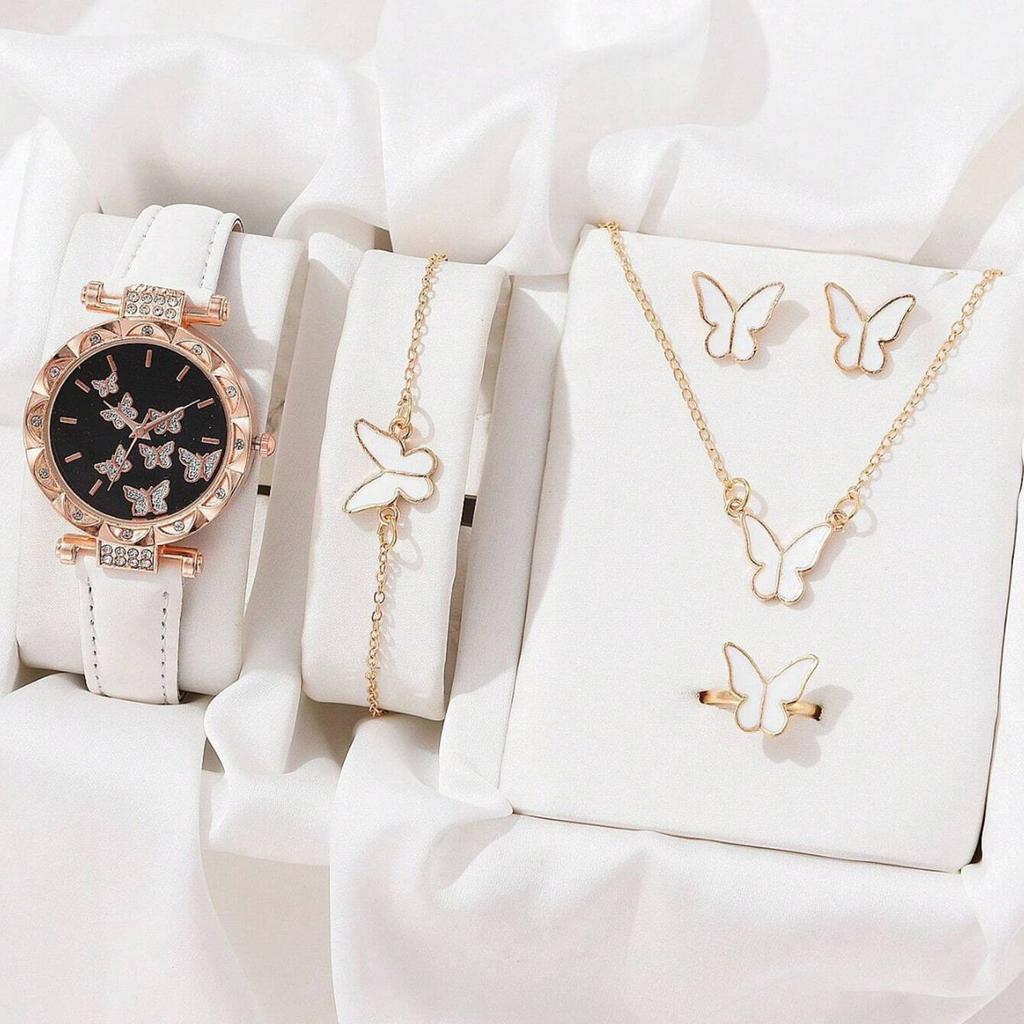 6pcs/set Luxury Watch Women Rings Necklace Earrings Bracelet Set Butterfly Leather Strap Watches Lady Wristwatch No Case