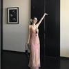 Summer Waist Skirt Temperament a Word Long Skirt French Vacation Style Pink Floral Suspender Dress Women