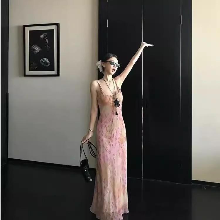 Summer Waist Skirt Temperament a Word Long Skirt French Vacation Style Pink Floral Suspender Dress Women