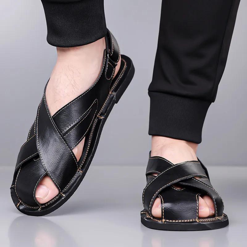 Large Size 48 Leather Sandals Men Classic Black Men's Roman Sandals Comfortable Flat  Summer Sandals for Men Sandalias De Hombre