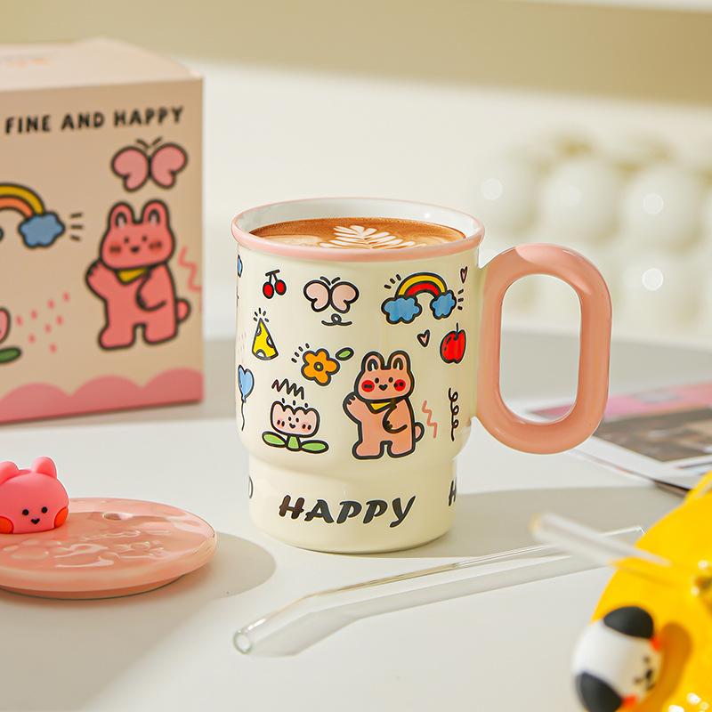 Cute Mug Boy and Girl Birthday Gift High Value Water Cup Creative Straw Cup Couple Cup Student Desktop Water Cup