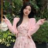 Women's 2026 Pink Floral Strappy Dress & Cardigan Set for Spring/Summer