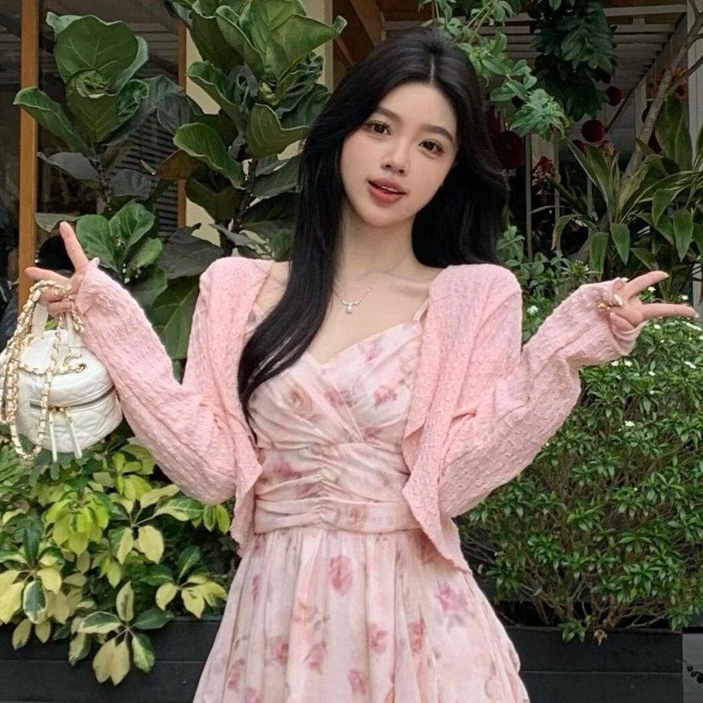 Women's 2026 Pink Floral Strappy Dress & Cardigan Set for Spring/Summer