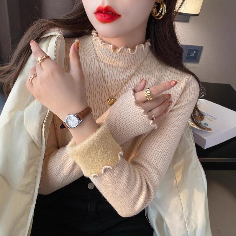 Semi-turtleneck bottoming shirt women's autumn and winter fleece thickened integrated fleece sweater lace fungus edge with knitted sweater top