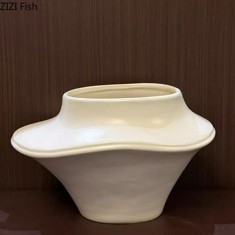 Creative Large Diameter Ceramic Vase Plant Pot Table Decoration Flowers Arrangement Artificial Flower Vases Room Aesthetic Decor