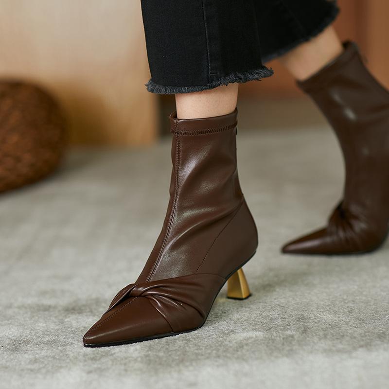 

Французские остроносые короткие ботинки женские универсальные ботильоны сексуальные на толстом каблуке эластичные высокие каблуки 35 коричневый