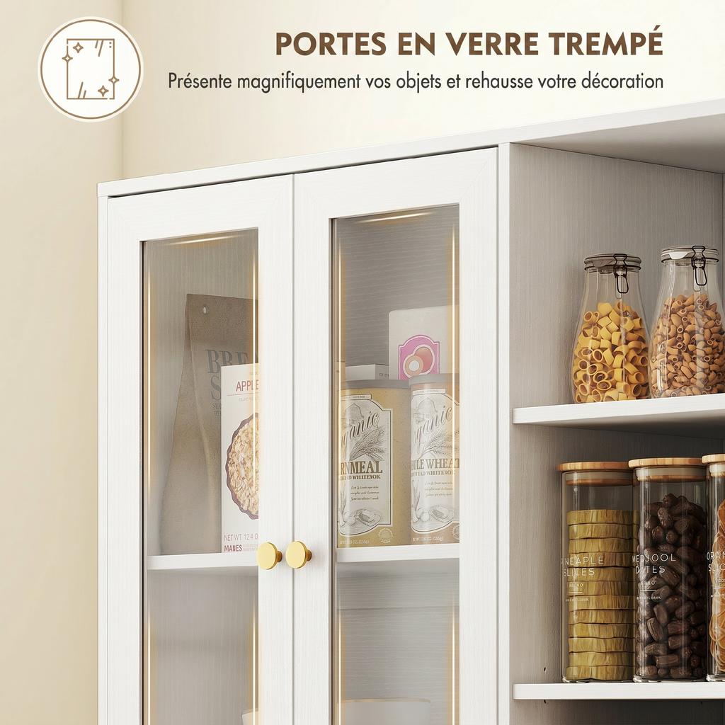 Kitchen Sideboard, High, Display Cabinet, 4 Glass Doors, 90 x 35 x 172 cm, White