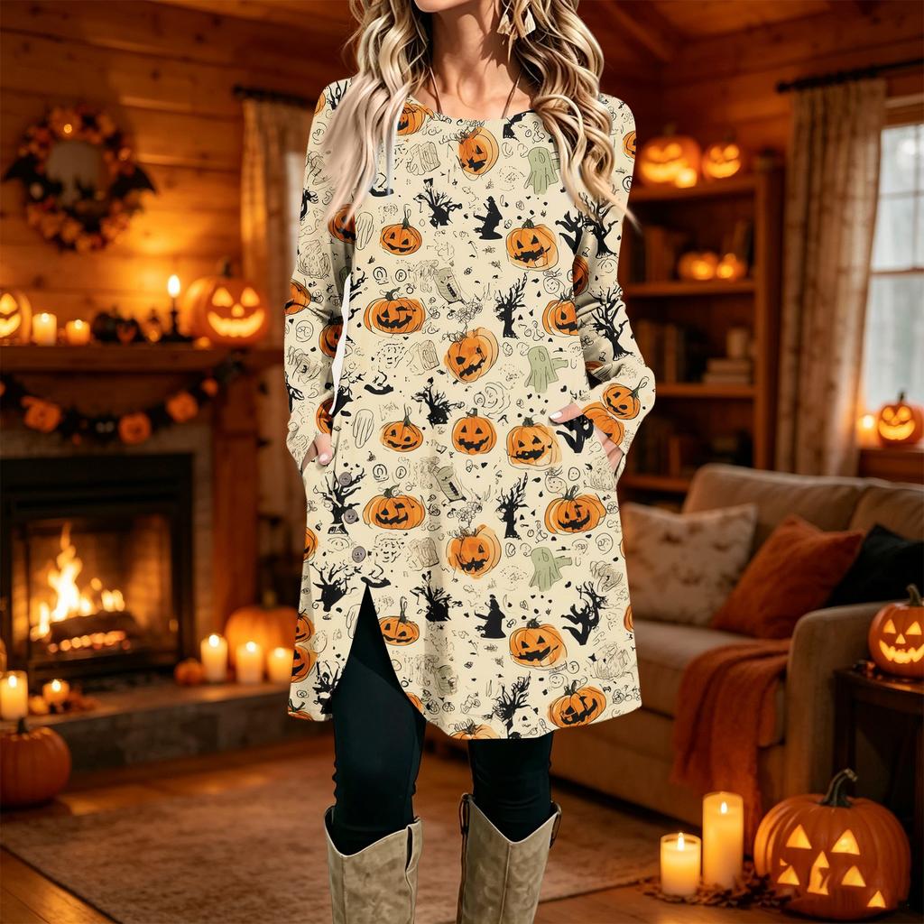 Women's Fashion Printed Round Neck Long Sleeve Dress for Casual Daily Wear