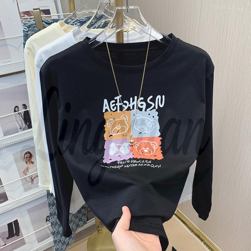 

Korean Cartoon Print Long Sleeve White T-shirt - Women s Versatile Autumn/Winter Top L