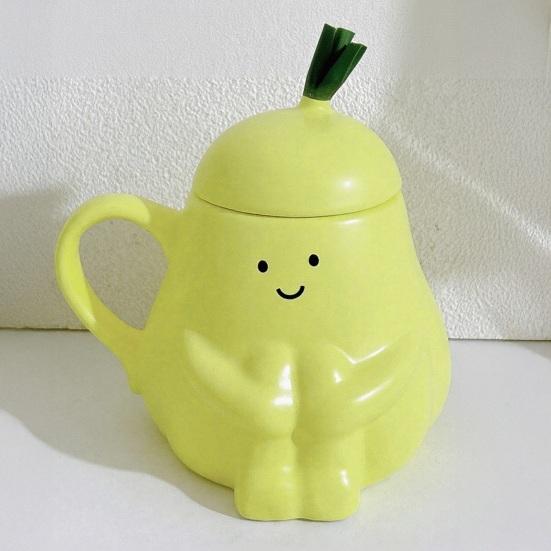 Keramický hrnek ve tvaru hrušky s víčkem Roztomilý vtipný hrnek na kávu a čaj se smějící tváří 450 ml Pohodlné ucho Nápojový hrnek Dárek k narozeninám Domácí dekorace