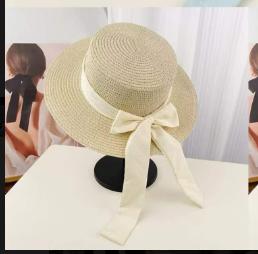 Women Straw Sun Hat Summer Beige Flat Top Hat with Polka Dot Bow Wide Brim Beach Hat for Travel