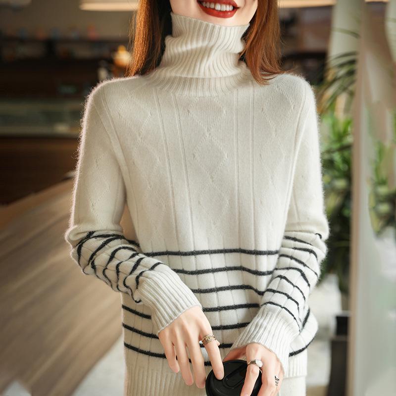 2026 A/W Women's High Neck 100% Wool Patchwork Sweater - Thick, Slim Fit, Versatile Knitwear
