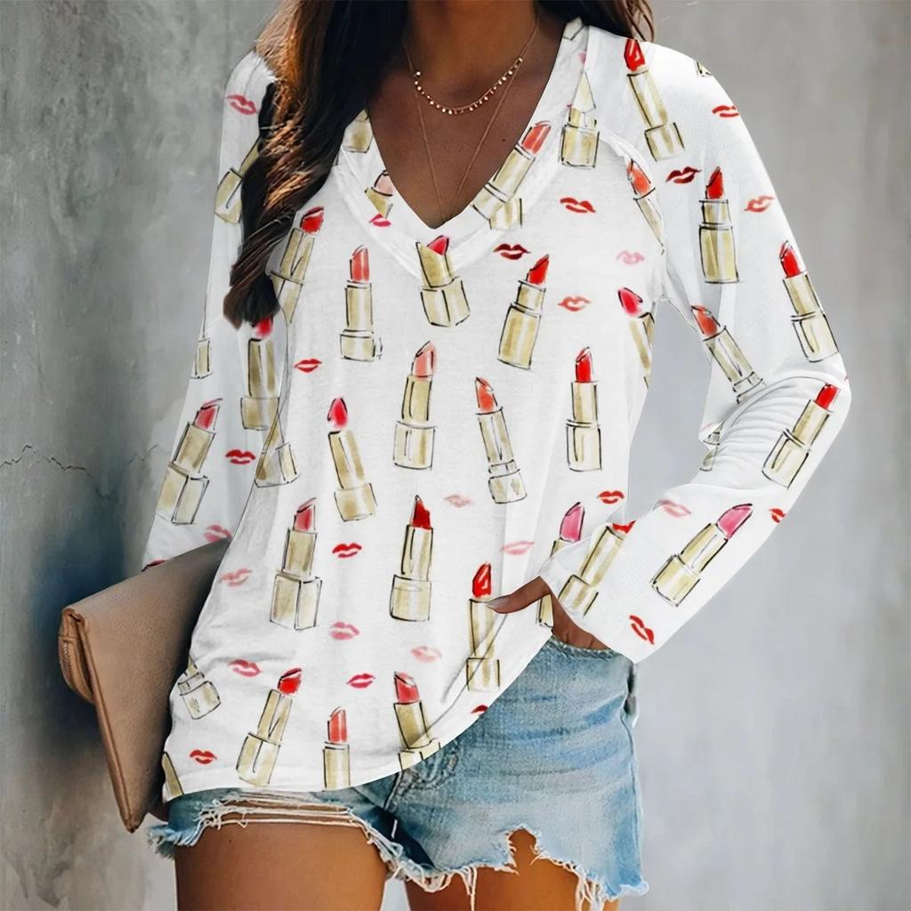Spring V-Neck Long Sleeve T-Shirt Digital Print Loose Fit Women's Style Valentine's Day Special Edition Fashionable Casual Top