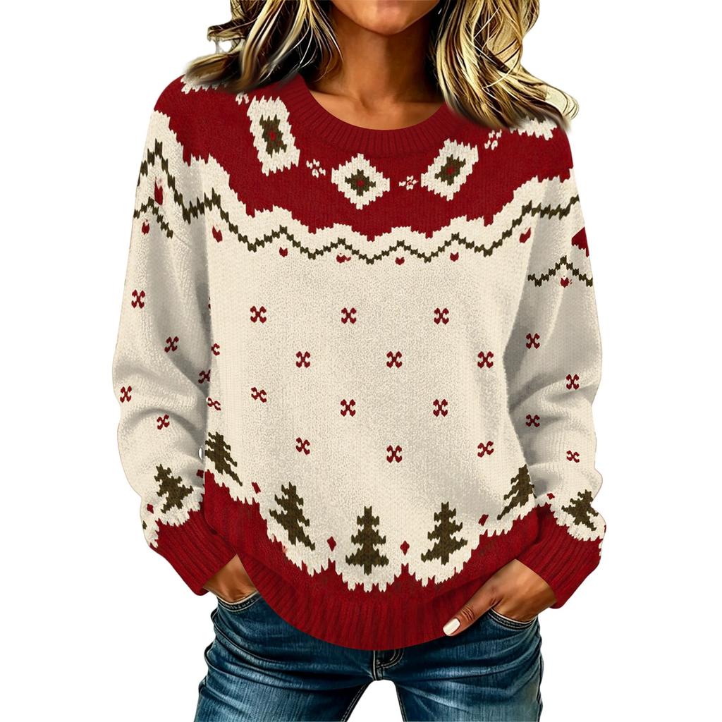 Women's Casual Long Sleeve Round Neck Knit Sweater with Geometric Print