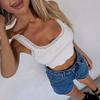 Women’s Lace Trim Crop Top – Square Neck Sleeveless Camisole Tank, Casual Summer Going Out Elastic Rib Knit Vest