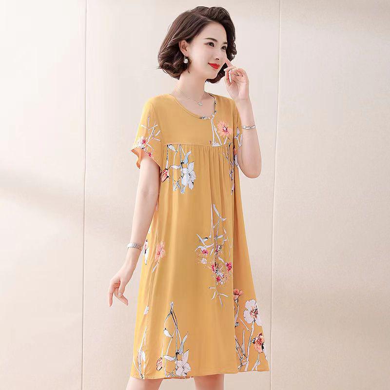 Women's Cotton Silk Mid-Length Nightgown - Summer Pajamas Plus Size Homewear for Middle-Aged and Elderly